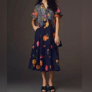 Anthropologie Floral Midi Dress - Blue and Pink